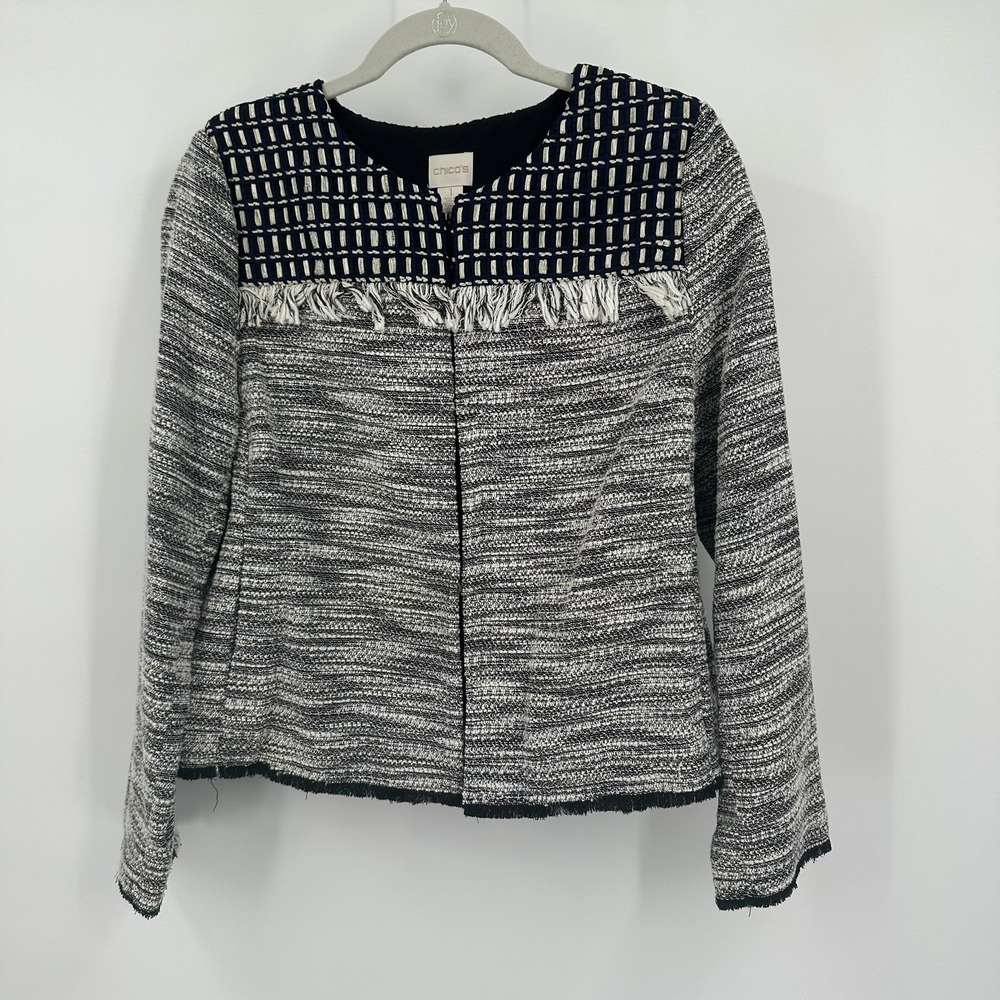 Chicos Womens Textured Tweed Open Front Jacket Size 1 US M Fringe Trim Twee